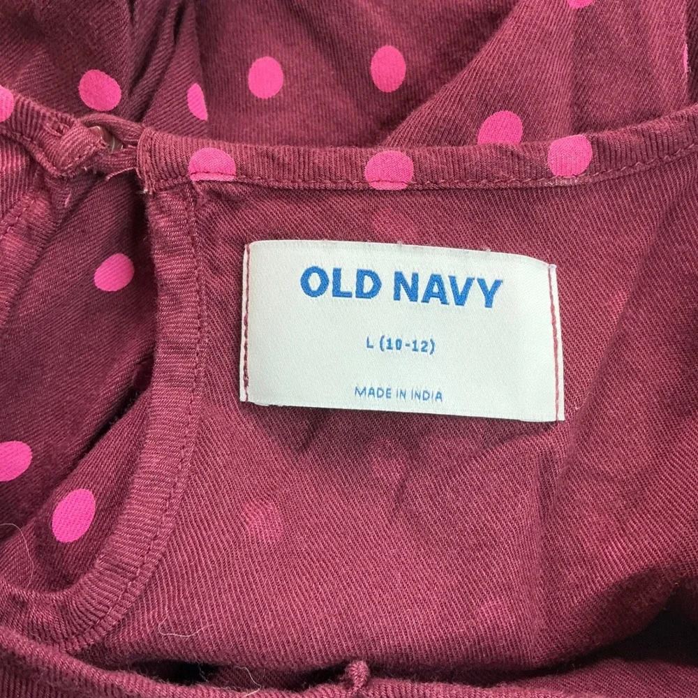 Old Navy Wine Pink Polka Dot Dress Girls Size L 10-12 Empire Waist Ruffle Cuff